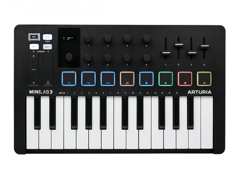 MIDI клавиатура [231502] Arturia [MiniLAB 3 Black Edition] 25 клавиш, 8 энкодеров, 8 RGB пэдов, 8 фейдеров, дисплей, сенсорные регуляторы Pitch/Modulation, MIDI-выход, 1/4" Jack вход педали, режим Chord, арпеджиатор, USB-C thumbnail 2