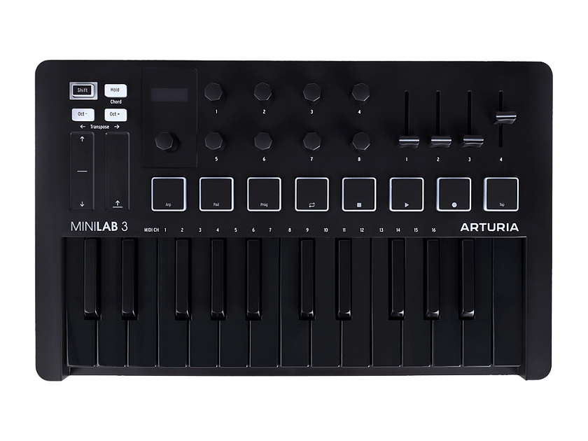 MIDI клавиатура [231503] Arturia [MiniLAB 3 Deep Black] 25 клавиш, 8 энкодеров, 8 RGB пэдов, 8 фейдеров, дисплей, сенсорные регуляторы Pitch/Modulation, MIDI-выход, 1/4" Jack вход педали, режим Chord, арпеджиатор, USB-C thumbnail 2