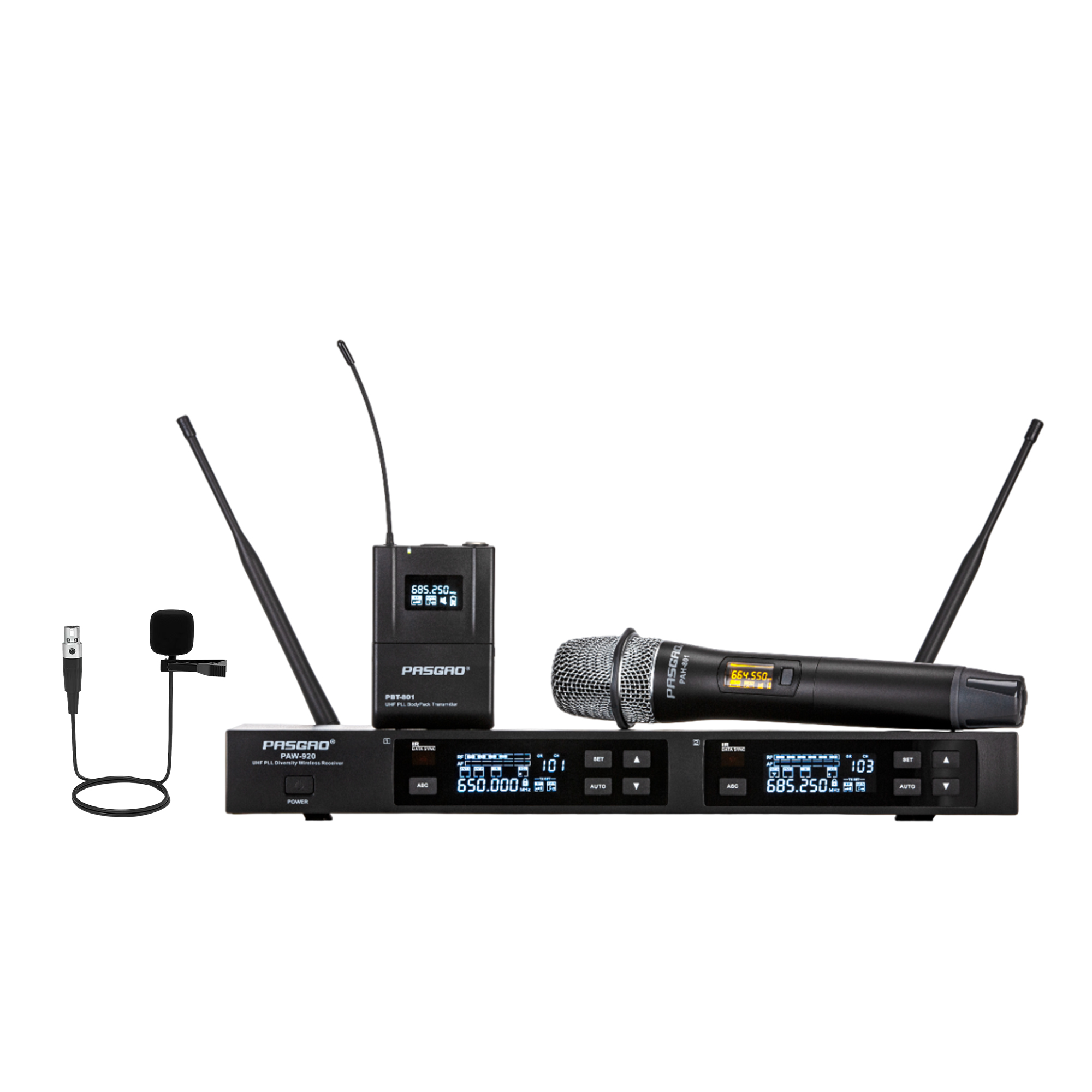 Pasgao PAW-920/PAH-801/PBT-801 Двухканальная радиосистема с ручным и поясным передатчиками, петличным микрофоном, 514-542Mhz (A1 thumbnail 2