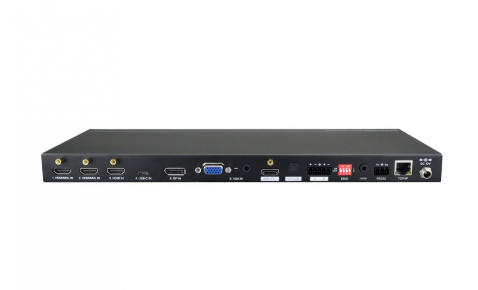 [SS-1819] Презентационный коммутатор 6х1 Digis, 4K 60Hz 4:4:4 (18 Гб/с), х3 HDMI + х1 DP + х1 USB-C + х1 VGA вход, x1 HDMI выход, RS232, TCP/IP (GUI), HDCP 2.2, де-эмбеддер, оптический + балансный (phoenix 5p) аудио выходы
