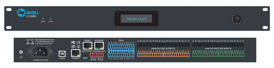 ELT808D - Аудиоматрица DSP, 8 мик. / лин. вх., 8 лин. вых., Dante 8 x 8, AEC, AFC, ANS, 8 x GPIO, управление RS232, RS485, Ducker, функция отслеживания камеры